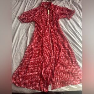 Max Studio London Red Polka Dot Midi Dress Ruffle Collar Button Front Dress XS